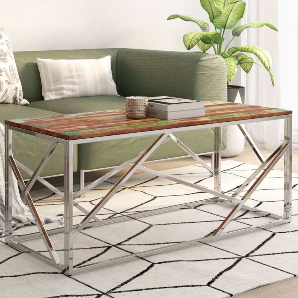 Table basse argenté inox et bois de récupération massif - XIOS