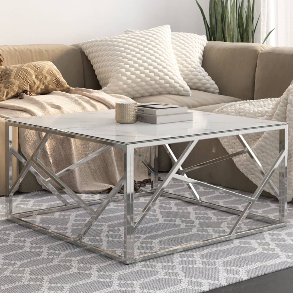 Table basse argenté acier inoxydable et verre trempé - XIOS