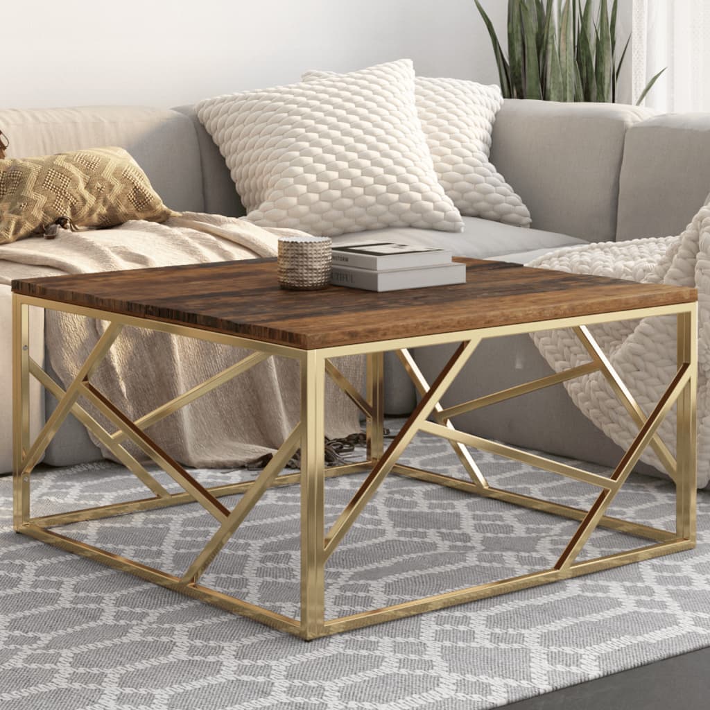 Table basse doré acier inoxydable et bois de mélèze massif Tables basses vidaXL
