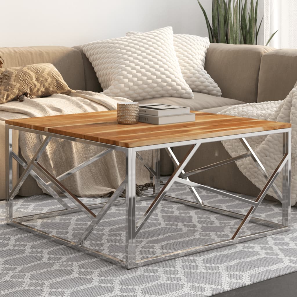 Table basse argenté acier inoxydable et bois massif d'acacia - XIOS
