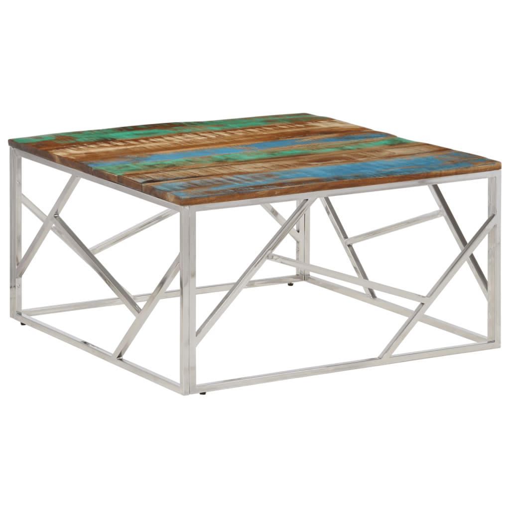 Table basse argenté inox et bois de récupération massif - XIOS