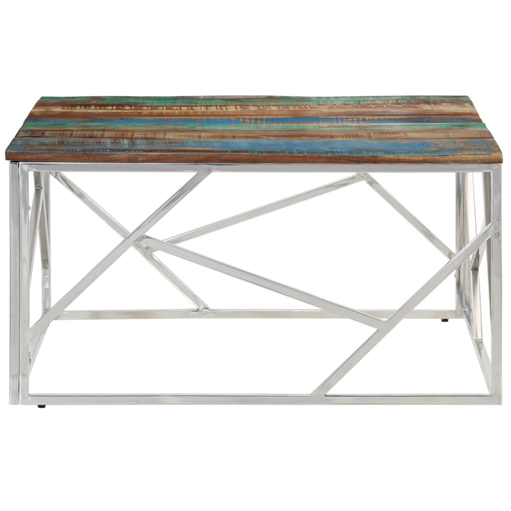 Table basse argenté inox et bois de récupération massif - XIOS