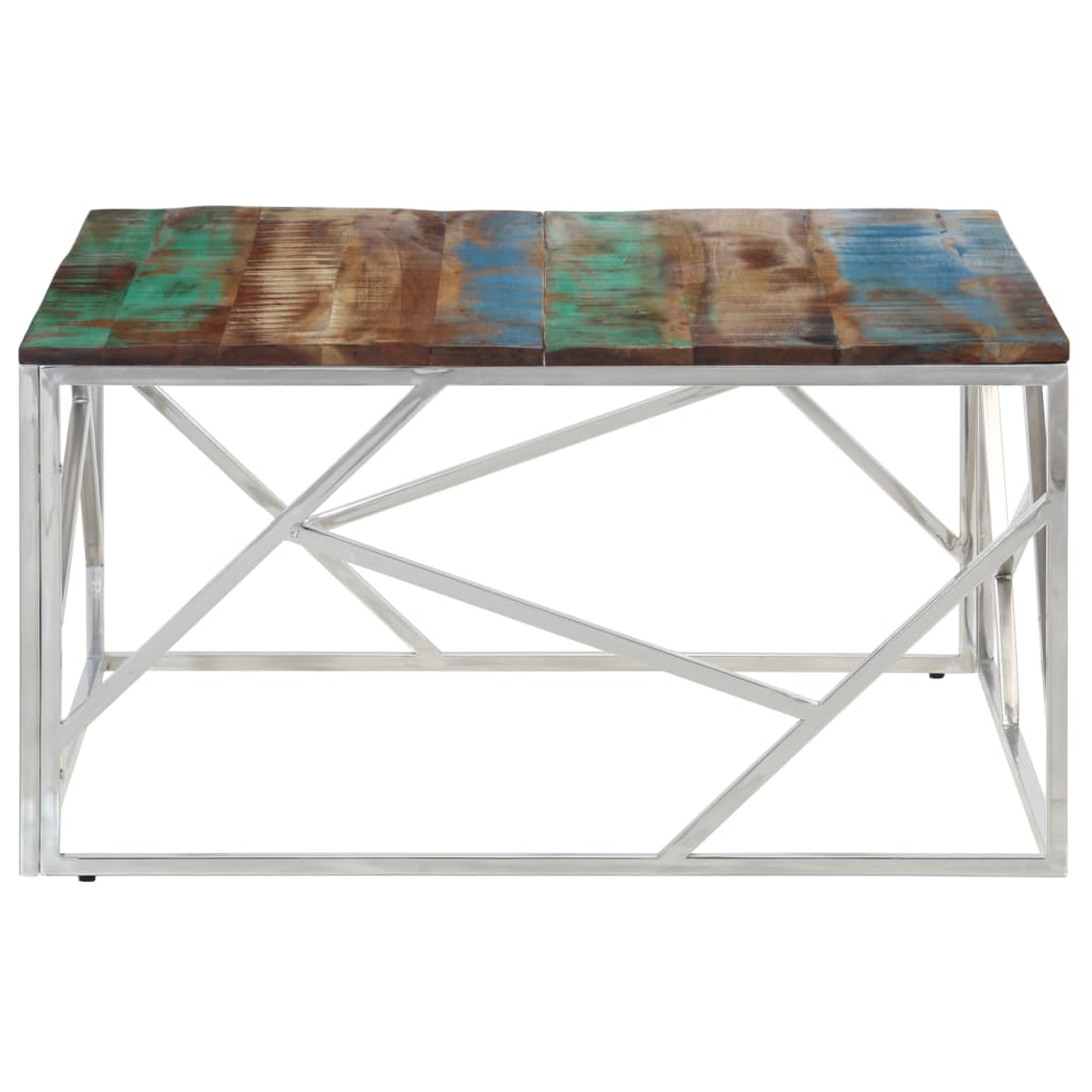 Table basse argenté inox et bois de récupération massif - XIOS