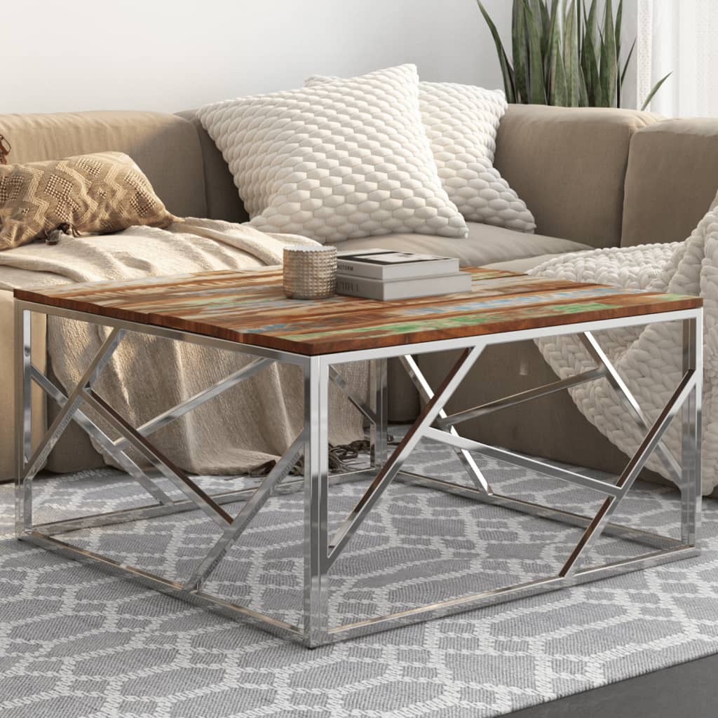 Table basse argenté inox et bois de récupération massif - XIOS