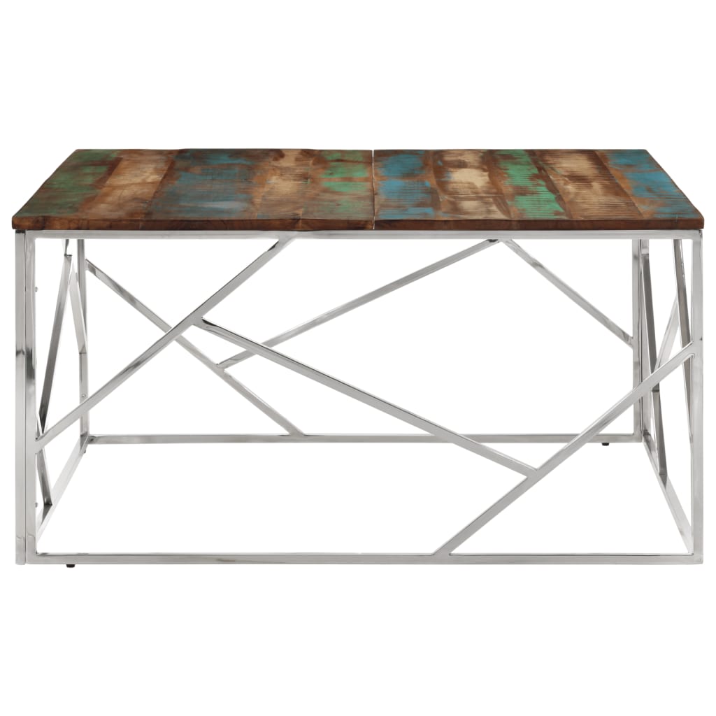 Table basse argenté acier inoxydable/bois massif récupération - XIOS