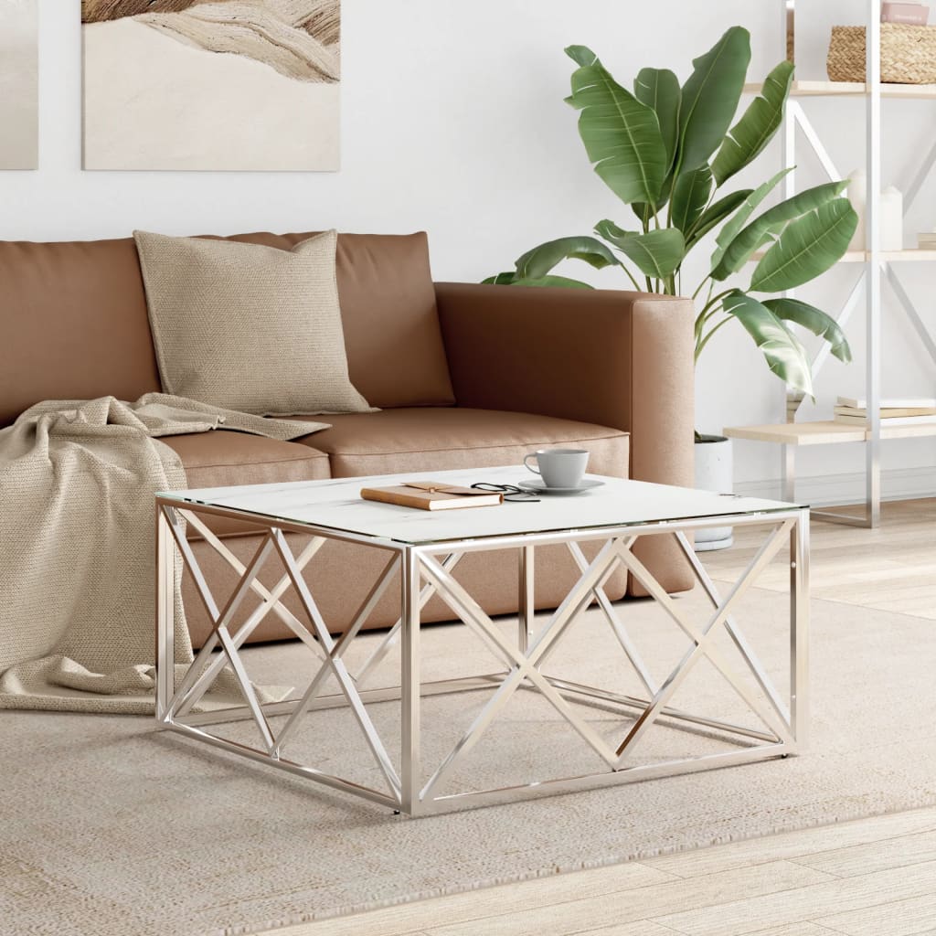 Table basse argenté 80x80x40 cm acier inoxydable et verre - XIOS
