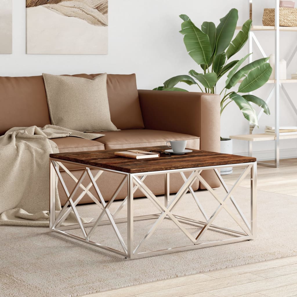 Table basse acier inoxydable et bois massif de récupération - XIOS