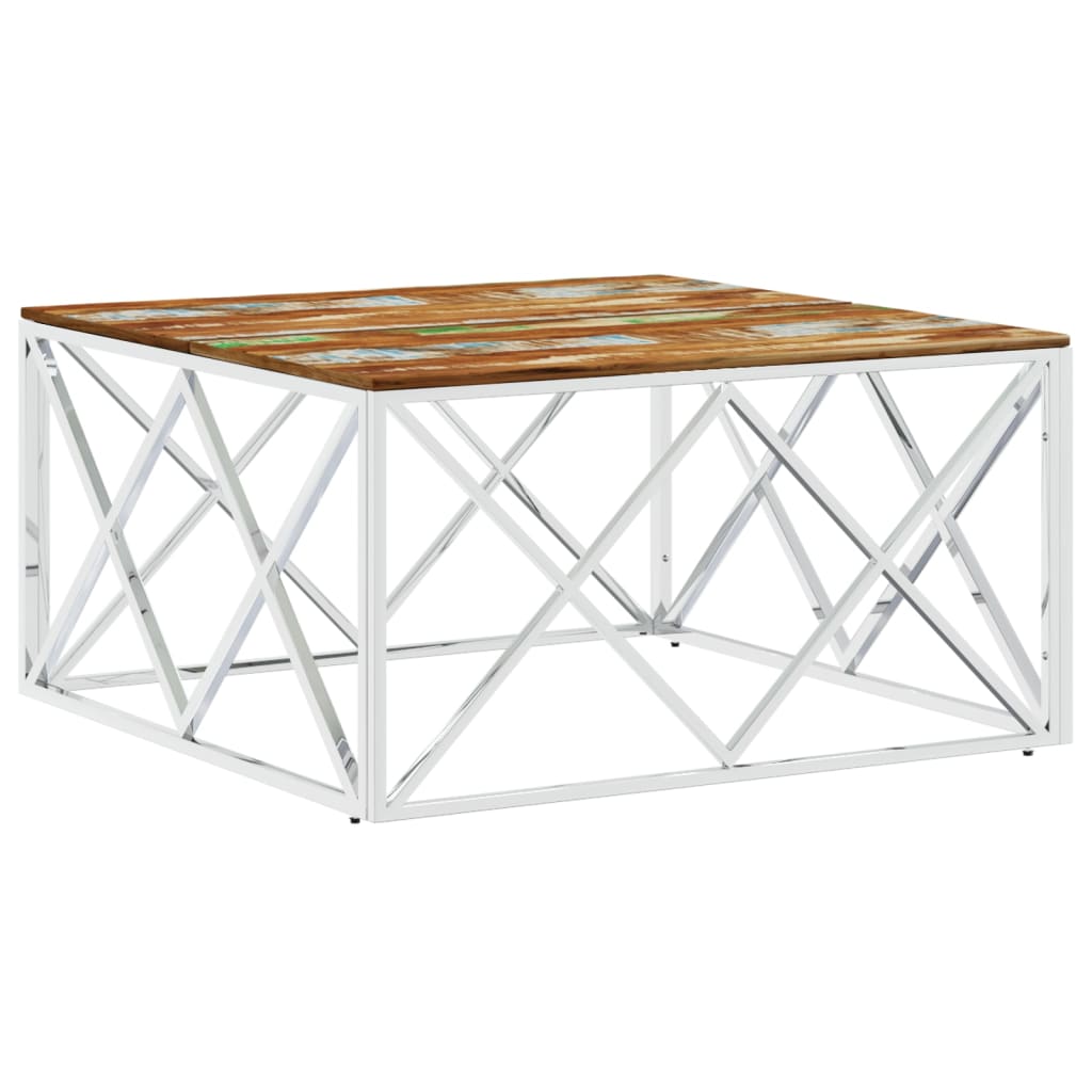 Table basse argenté acier inoxydable/bois massif récupération - XIOS