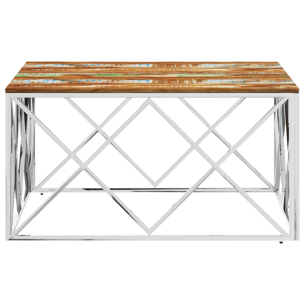 Table basse argenté acier inoxydable/bois massif récupération - XIOS
