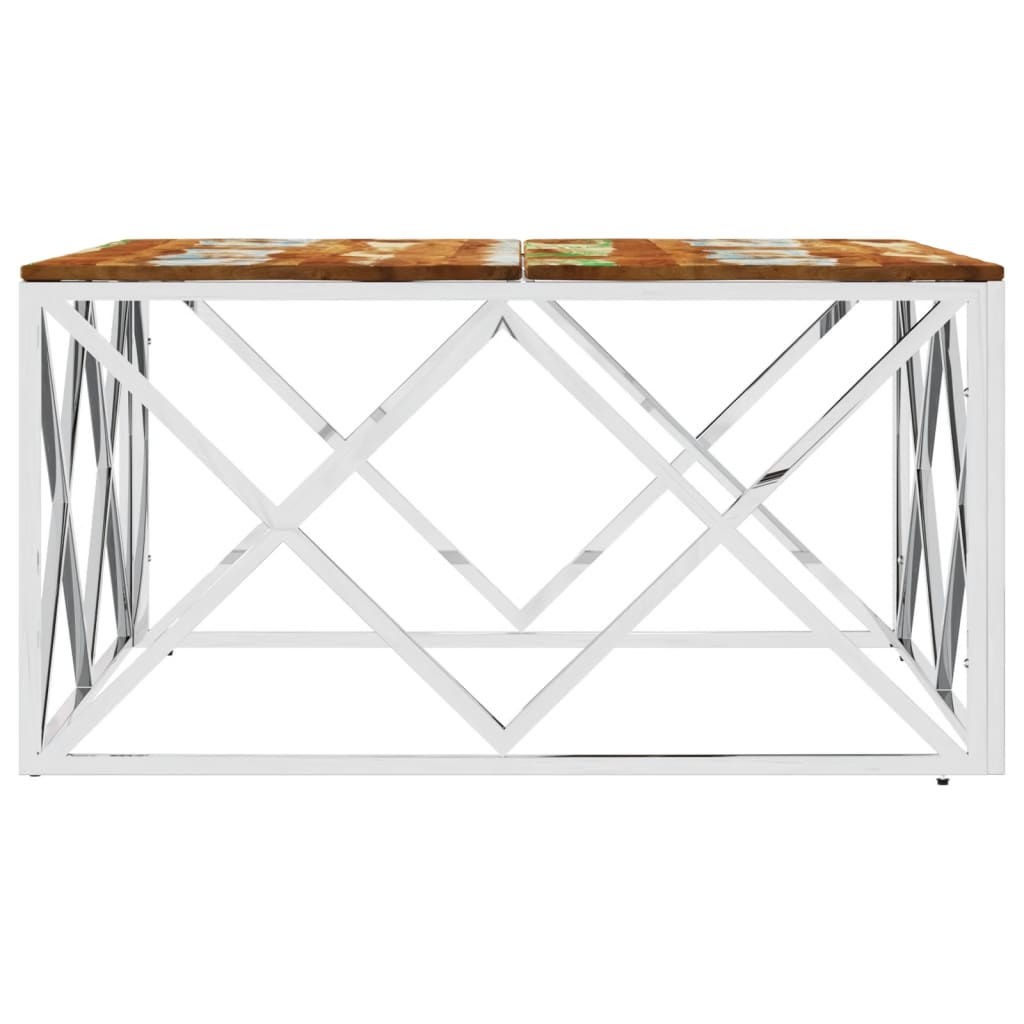 Table basse argenté acier inoxydable/bois massif récupération - XIOS