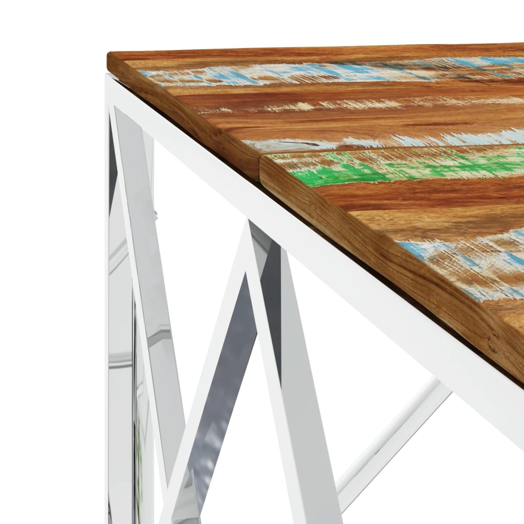 Table basse argenté acier inoxydable/bois massif récupération - XIOS