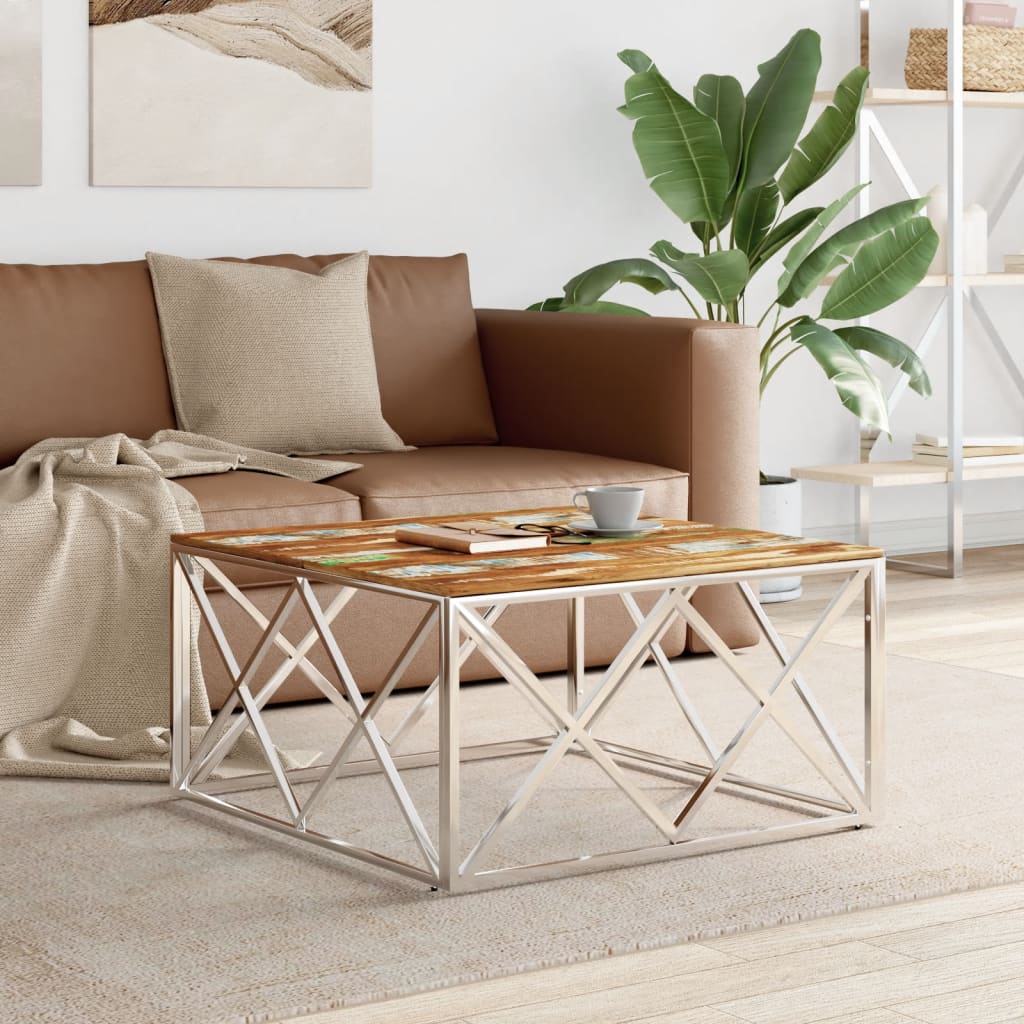 Table basse argenté acier inoxydable/bois massif récupération - XIOS