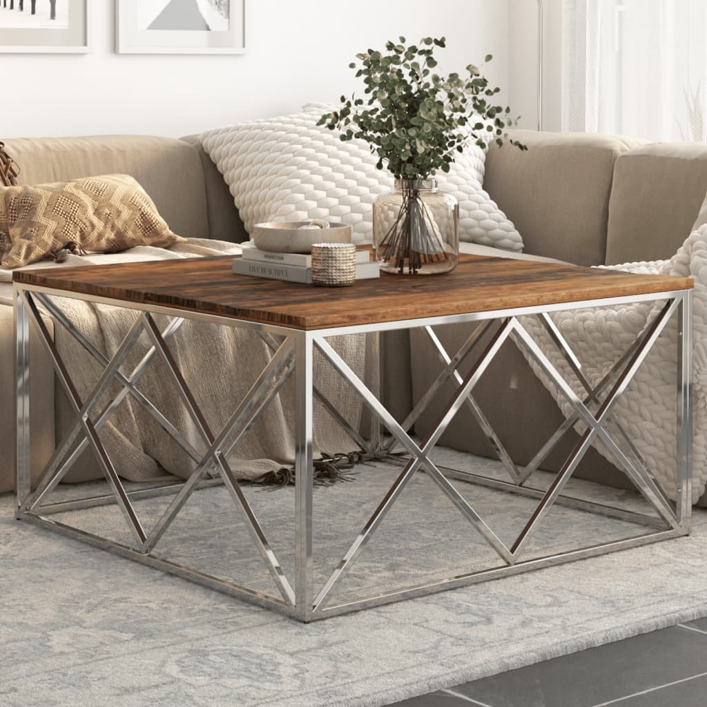 Table basse argenté inox et bois de mélèze massif - XIOS