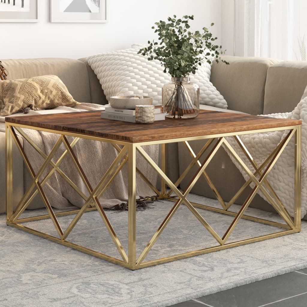 Table basse doré acier inoxydable et bois de mélèze massif - XIOS