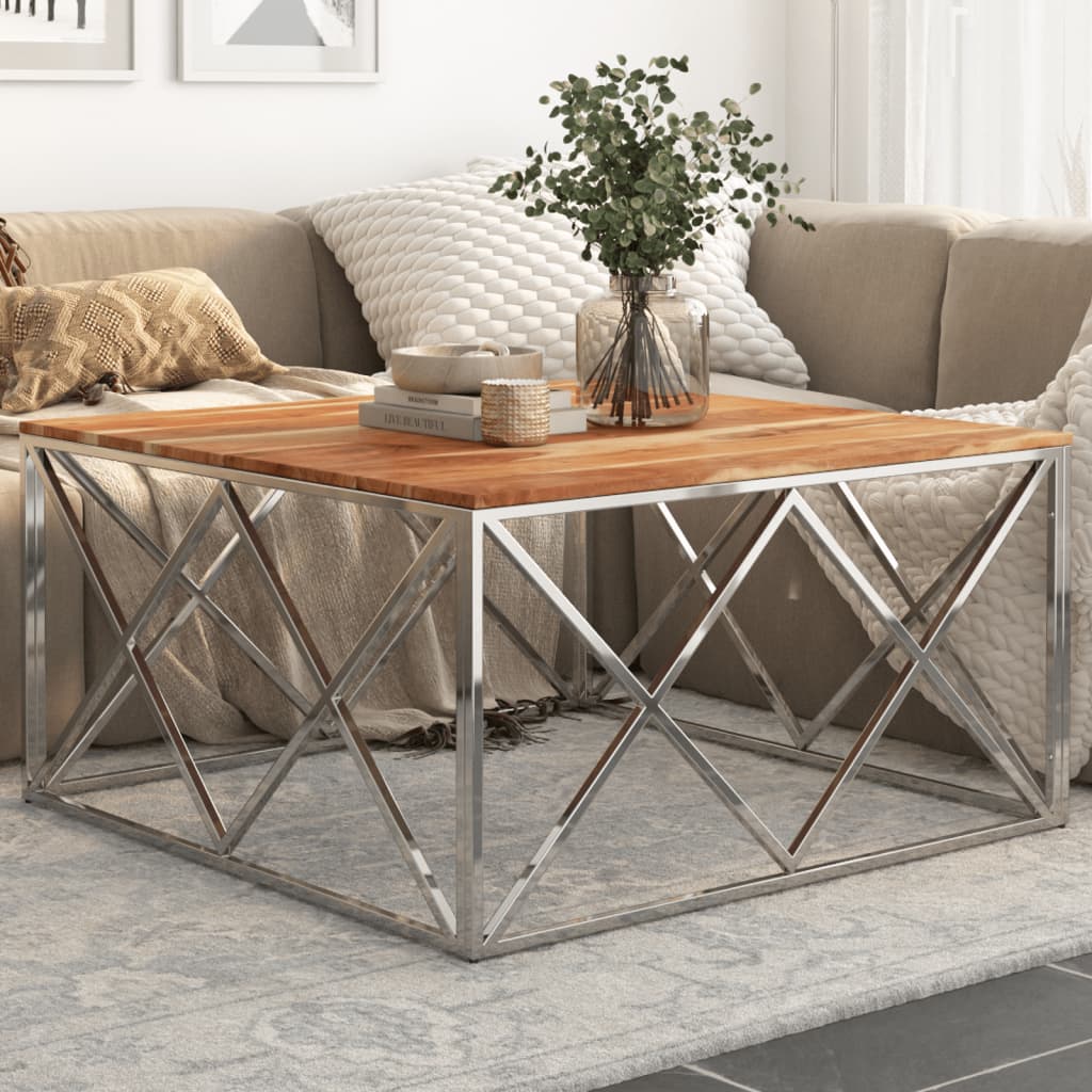 Table basse argenté acier inoxydable et bois massif d'acacia - XIOS