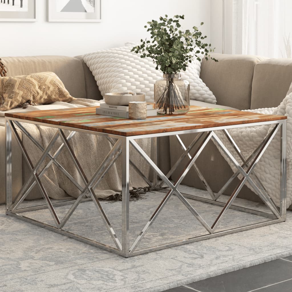 Table basse argenté inox et bois de récupération massif - XIOS