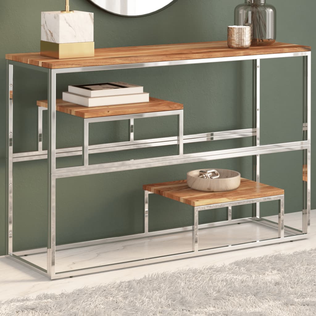 Table console argenté acier inoxydable et bois massif d'acacia - XIOS