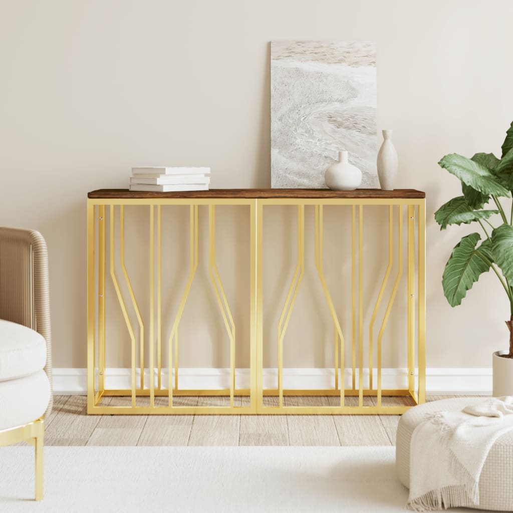 Table console doré acier inoxydable et bois massif récupération - XIOS