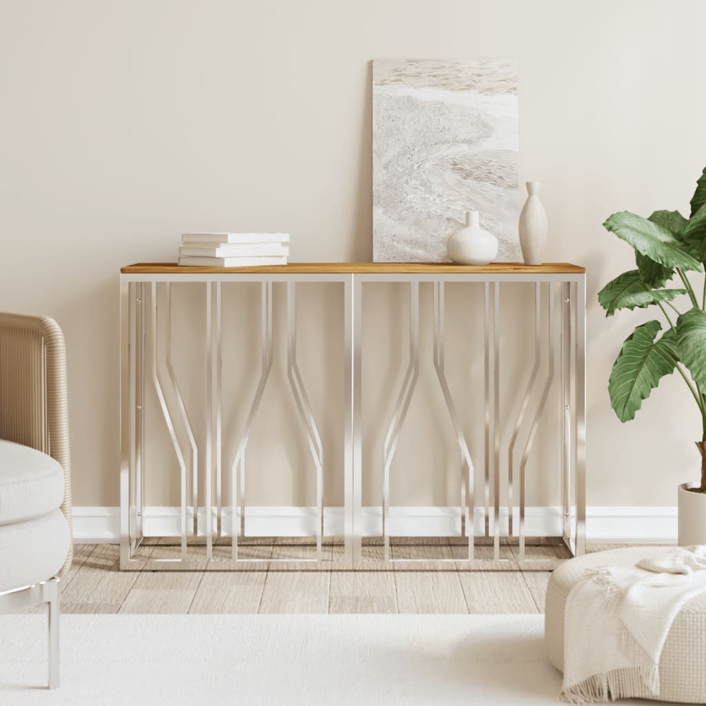 Table console argenté acier inoxydable et bois massif d'acacia - XIOS