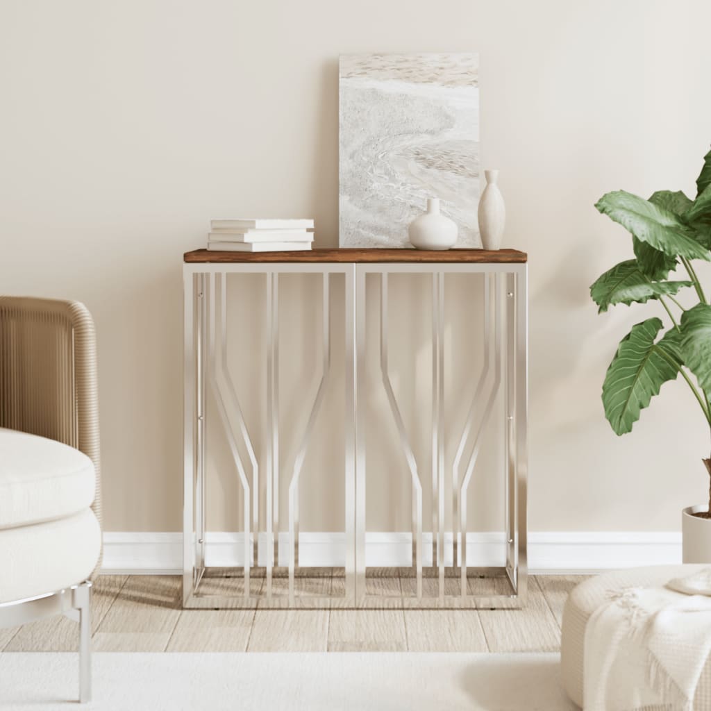 Table console argenté acier inoxydable/bois massif récupération - XIOS