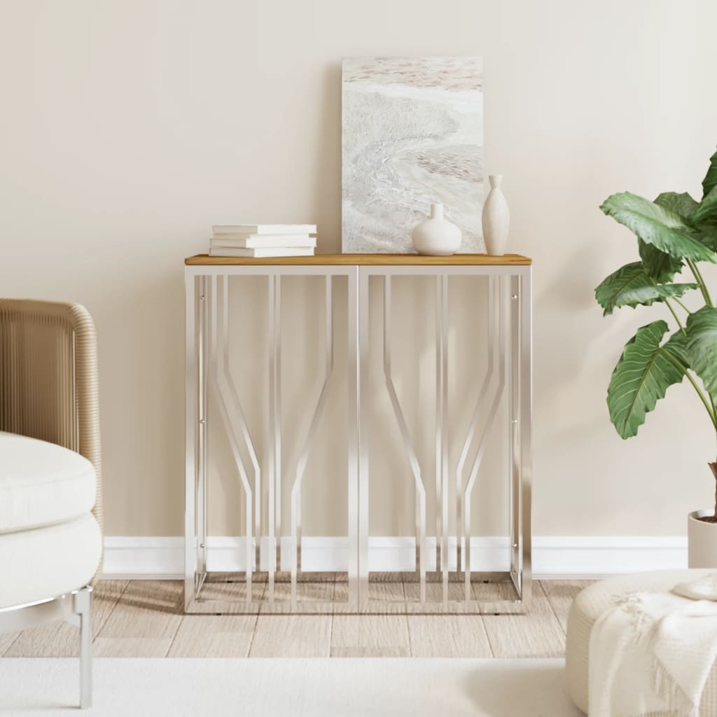 Table console argenté acier inoxydable et bois massif d'acacia - XIOS