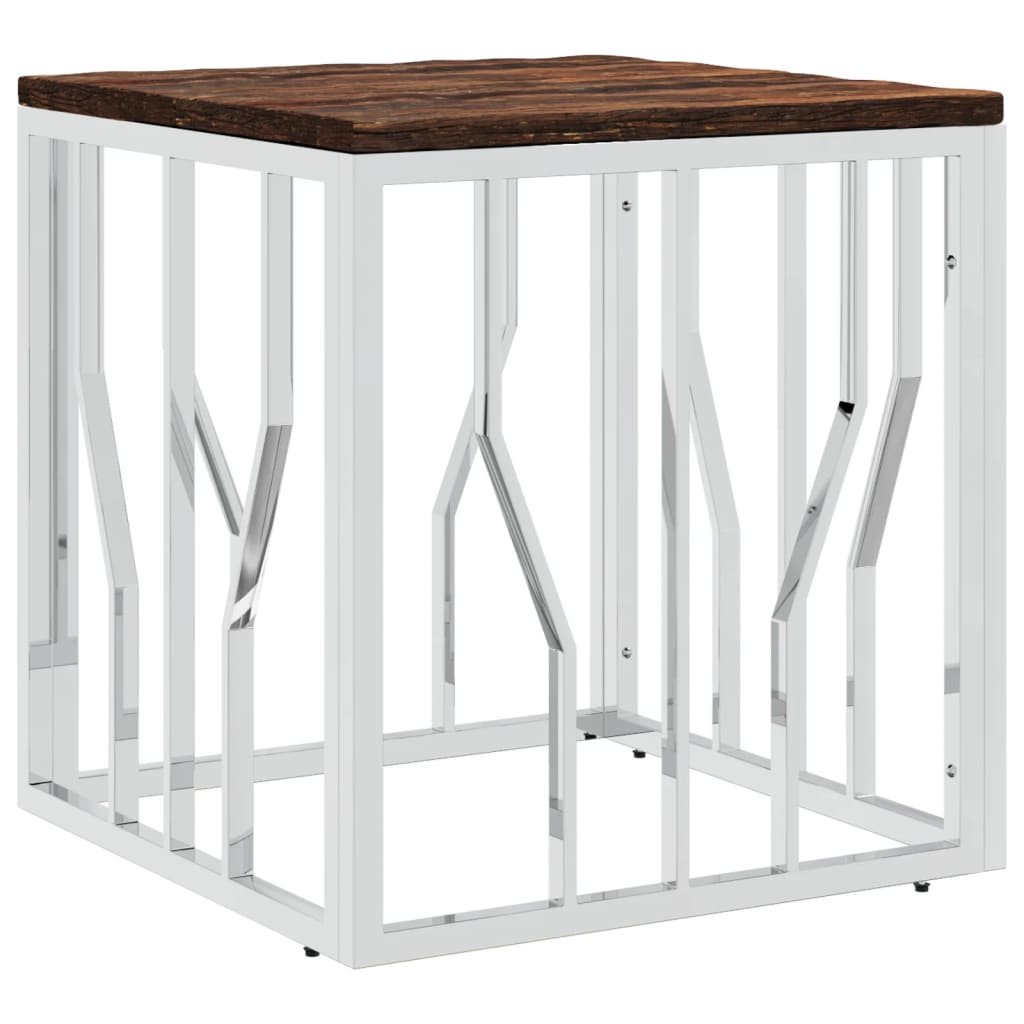 Table basse argenté acier inoxydable/bois massif récupération - XIOS