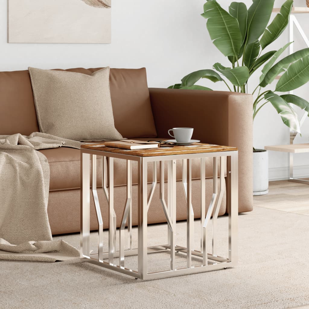 Table basse argenté acier inoxydable/bois massif récupération - XIOS