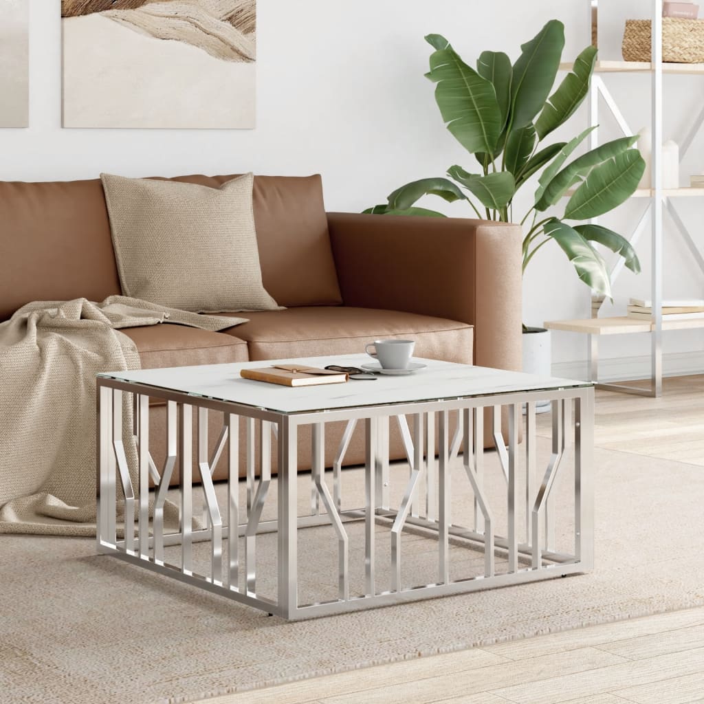 Table basse argenté 80x80x40 cm acier inoxydable et verre - XIOS