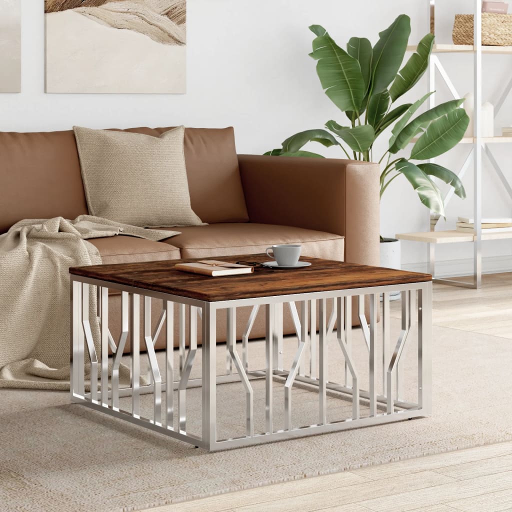 Table basse argenté acier inoxydable/bois massif récupération - XIOS