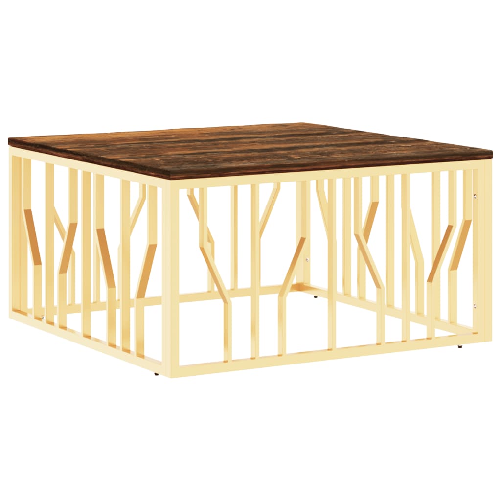 Table basse doré acier inoxydable et bois massif récupération - XIOS