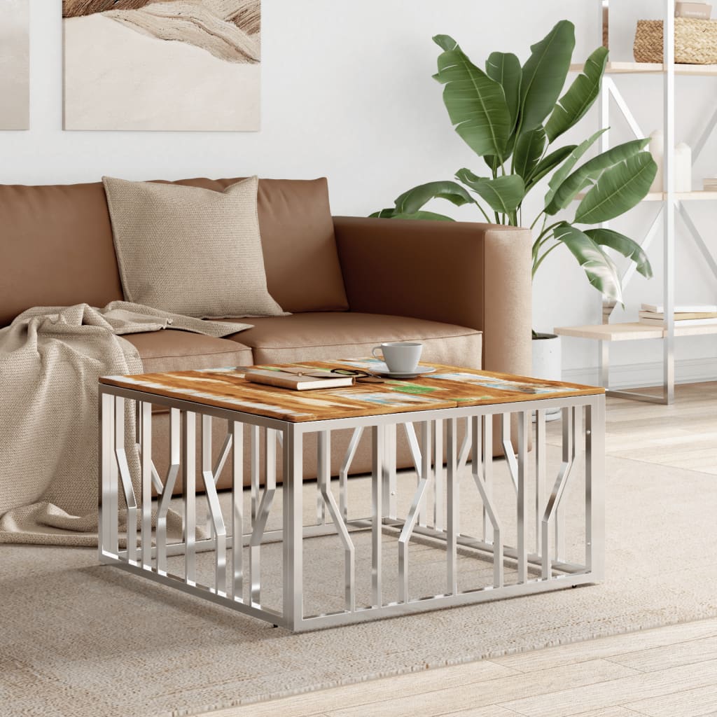Table basse argenté acier inoxydable/bois massif récupération - XIOS