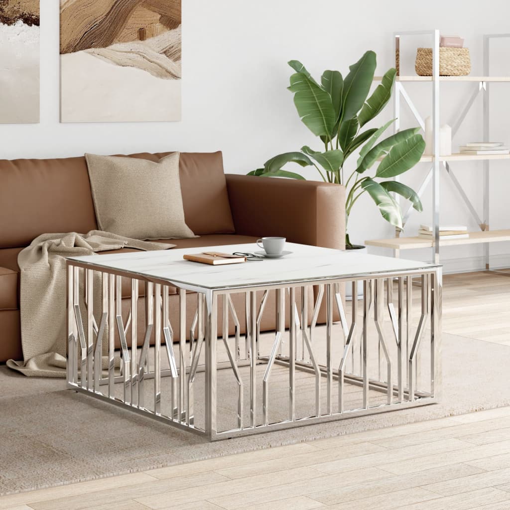 Table basse argenté 100x100x50 cm acier inoxydable et verre - XIOS