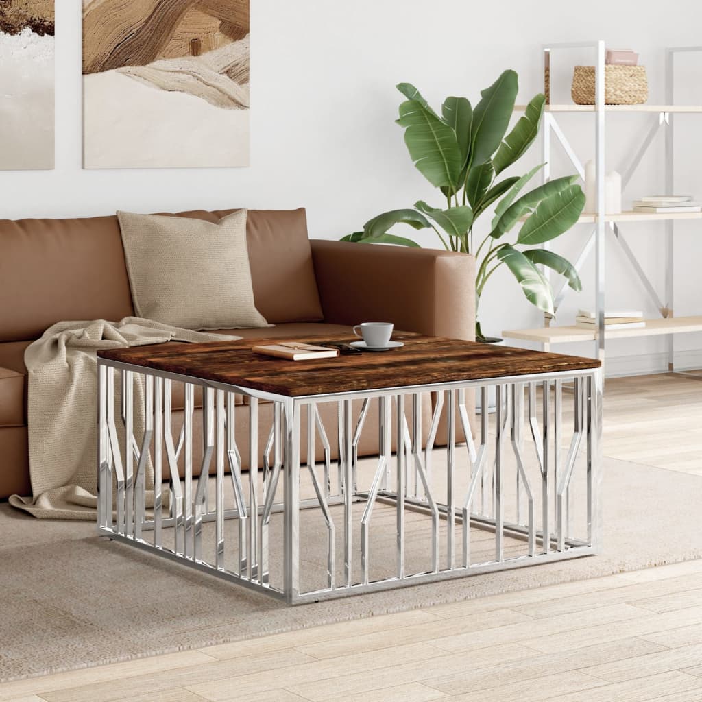 Table basse argenté acier inoxydable/bois massif récupération - XIOS