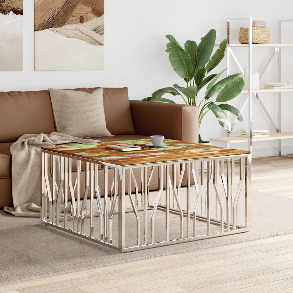 Table basse argenté acier inoxydable/bois massif récupération - XIOS