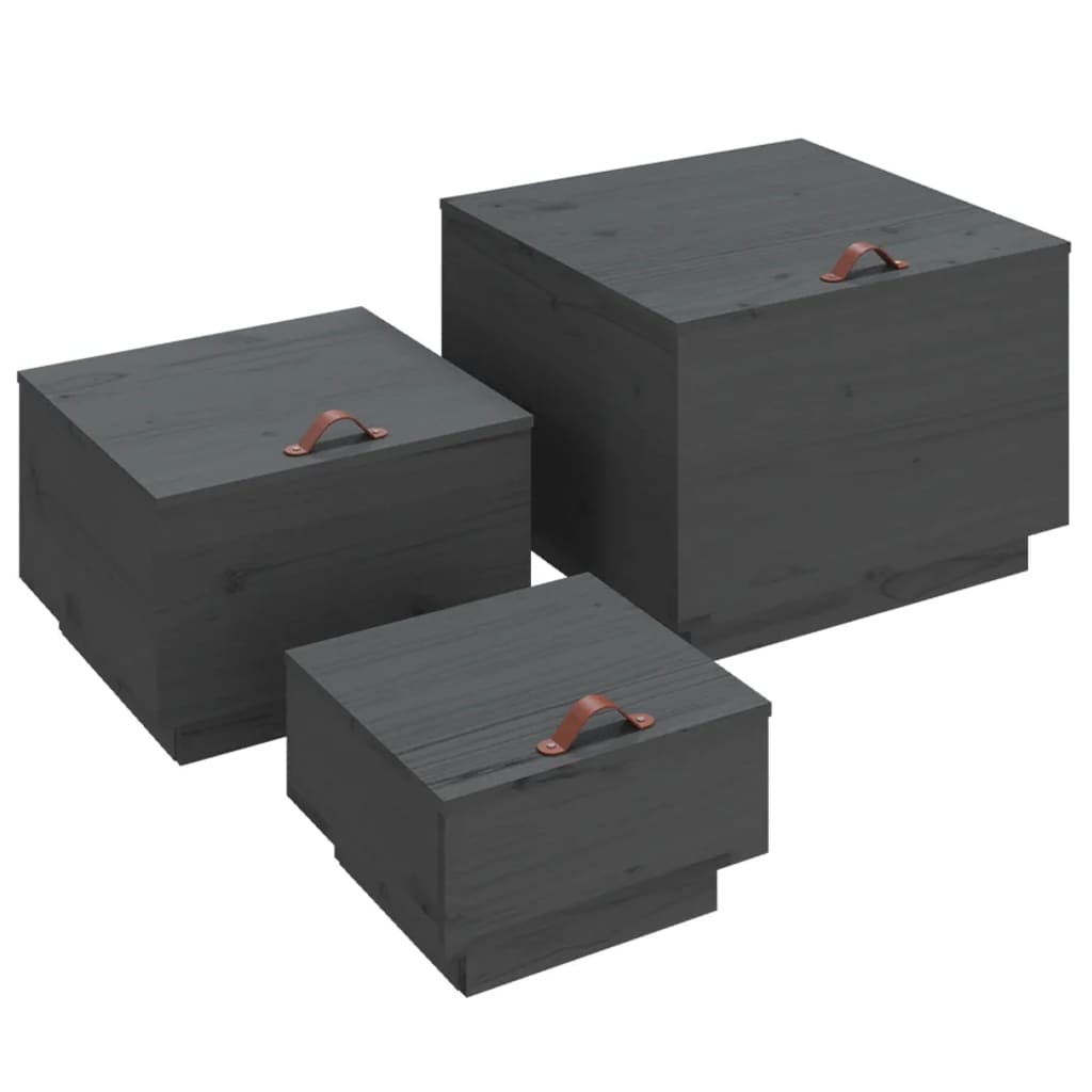 Boîtes de rangement et couvercles 3 pcs Gris Bois massif de pin