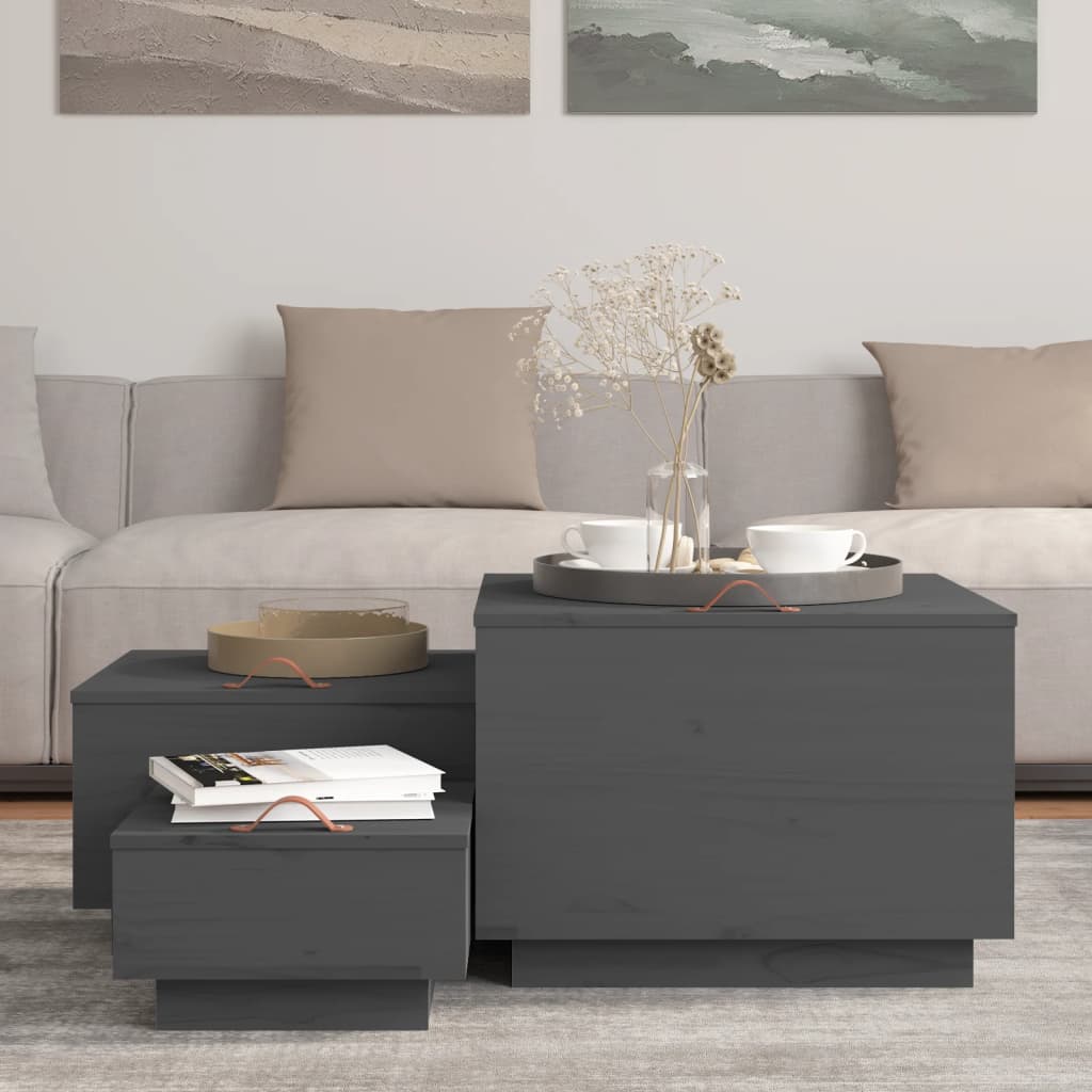 Boîtes de rangement et couvercles 3 pcs Gris Bois massif de pin