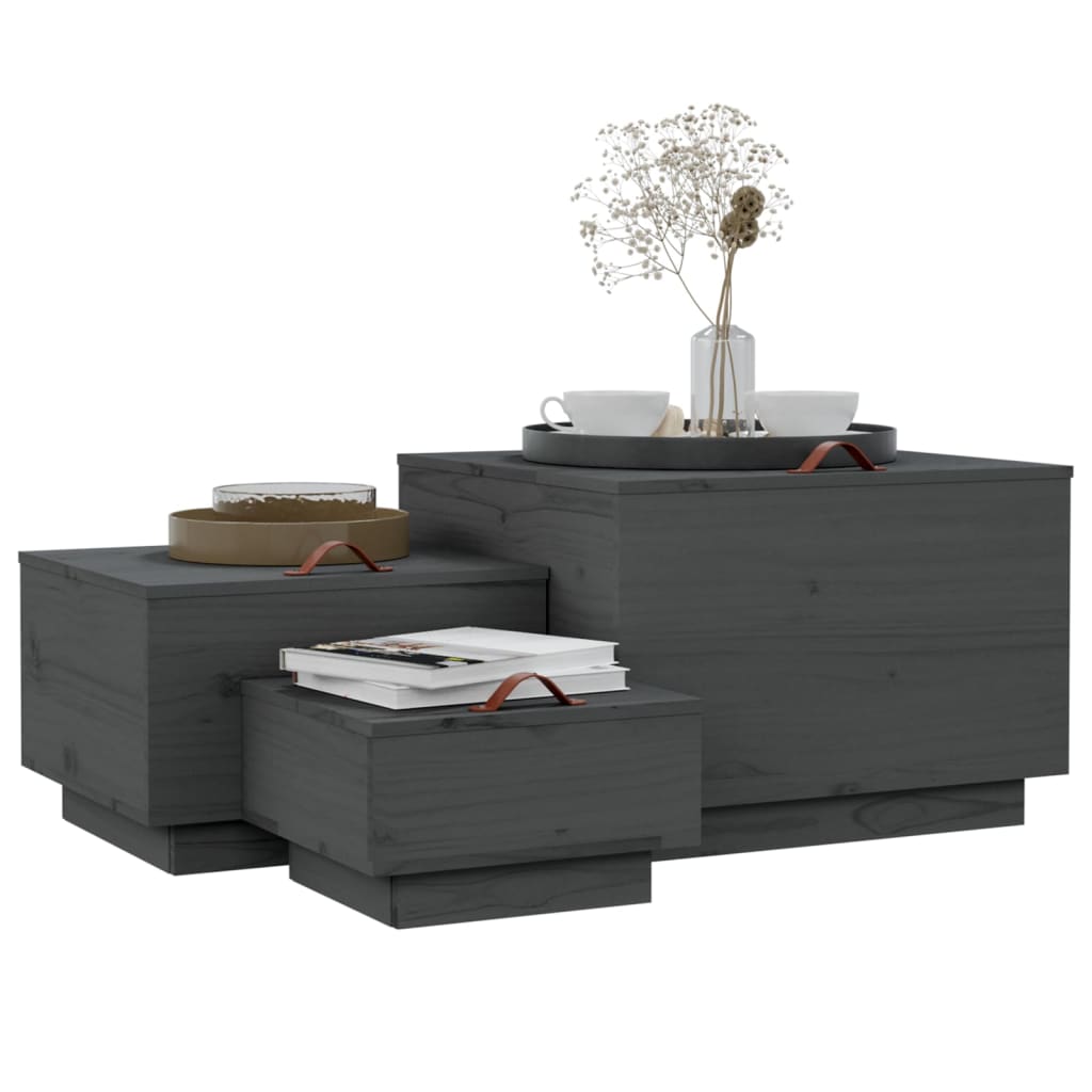 Boîtes de rangement et couvercles 3 pcs Gris Bois massif de pin