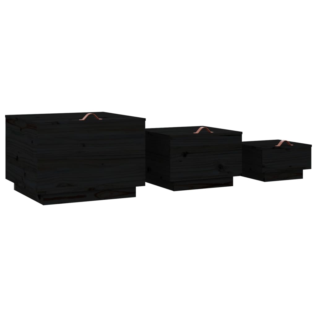 Boîtes de rangement et couvercles 3 pcs Noir Bois massif de pin