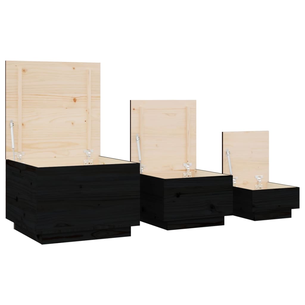 Boîtes de rangement et couvercles 3 pcs Noir Bois massif de pin