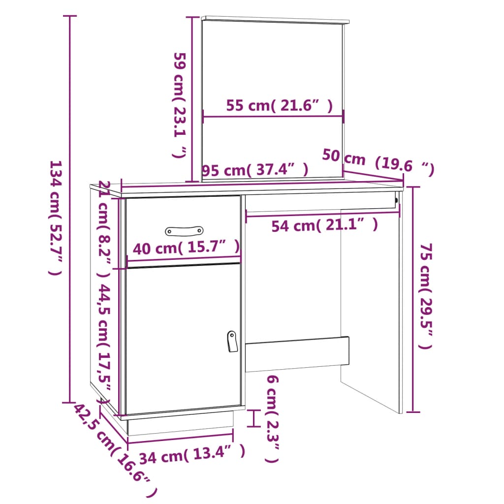 Coiffeuse 95x50x134 cm Bois de pin massif Coiffeuses vidaXL