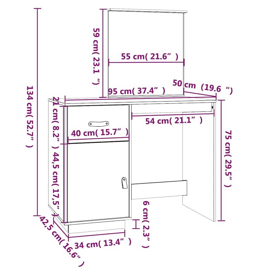 Coiffeuse Marron miel 95x50x134 cm Bois de pin massif - XIOS