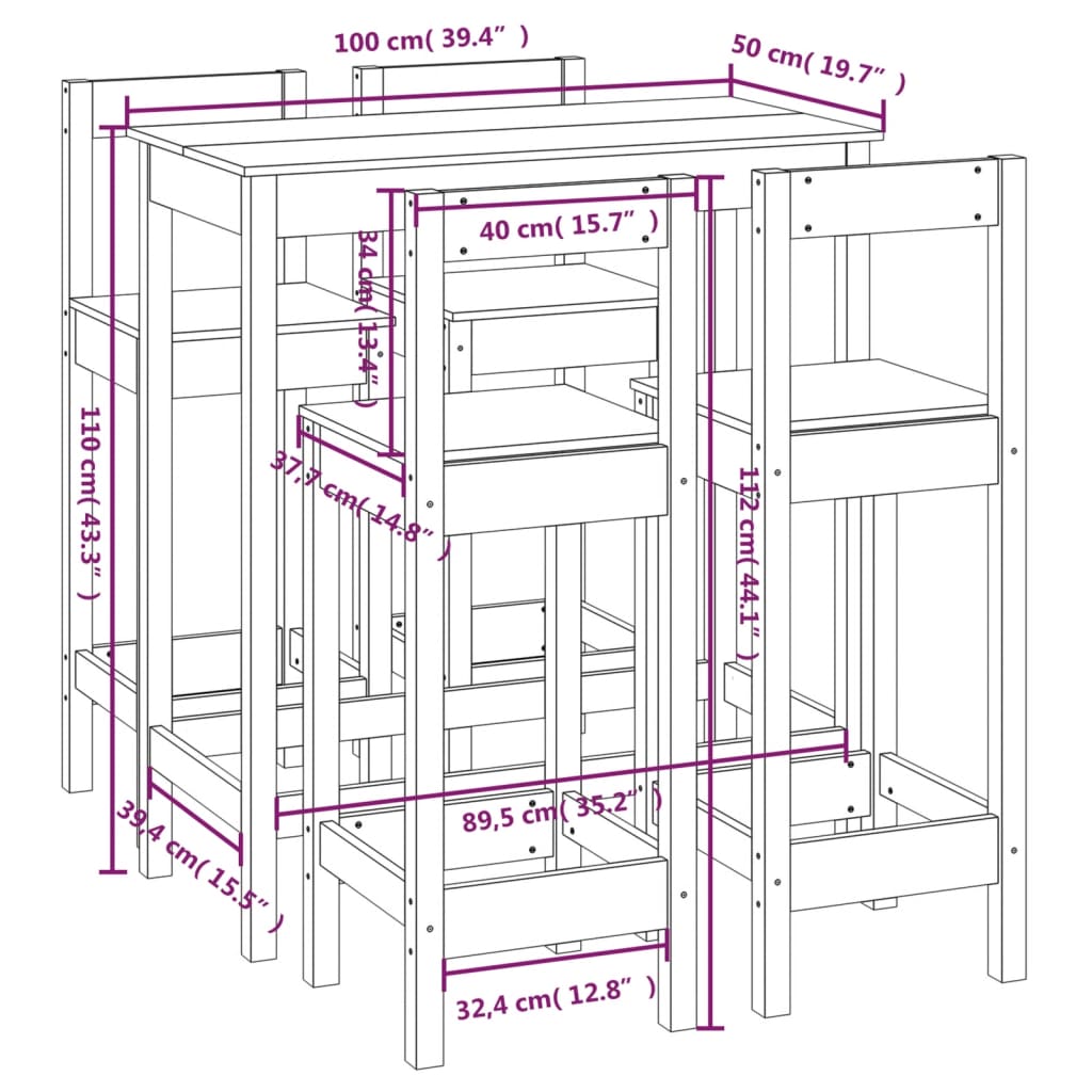 Ensemble de bar 5 pcs Noir Bois de pin massif - XIOS
