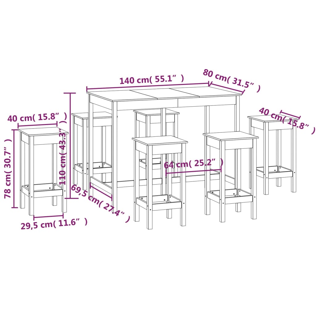 Ensemble de bar 7 pcs Bois de pin massif - XIOS