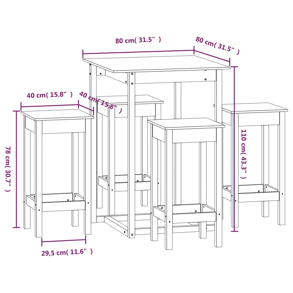 Ensemble de bar 5 pcs Bois de pin massif - XIOS