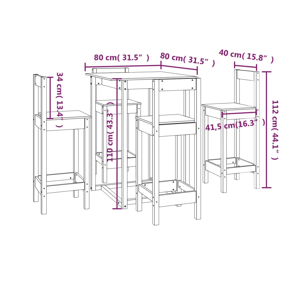 Ensemble de bar 5 pcs Blanc Bois de pin massif