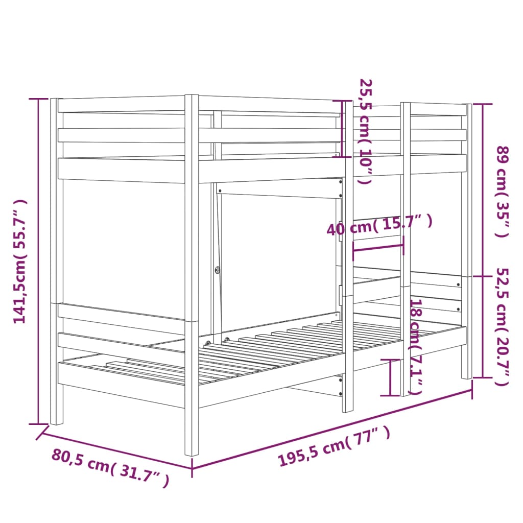 Lit superposé sans matelas 75x190 cm bois de pin massif - XIOS