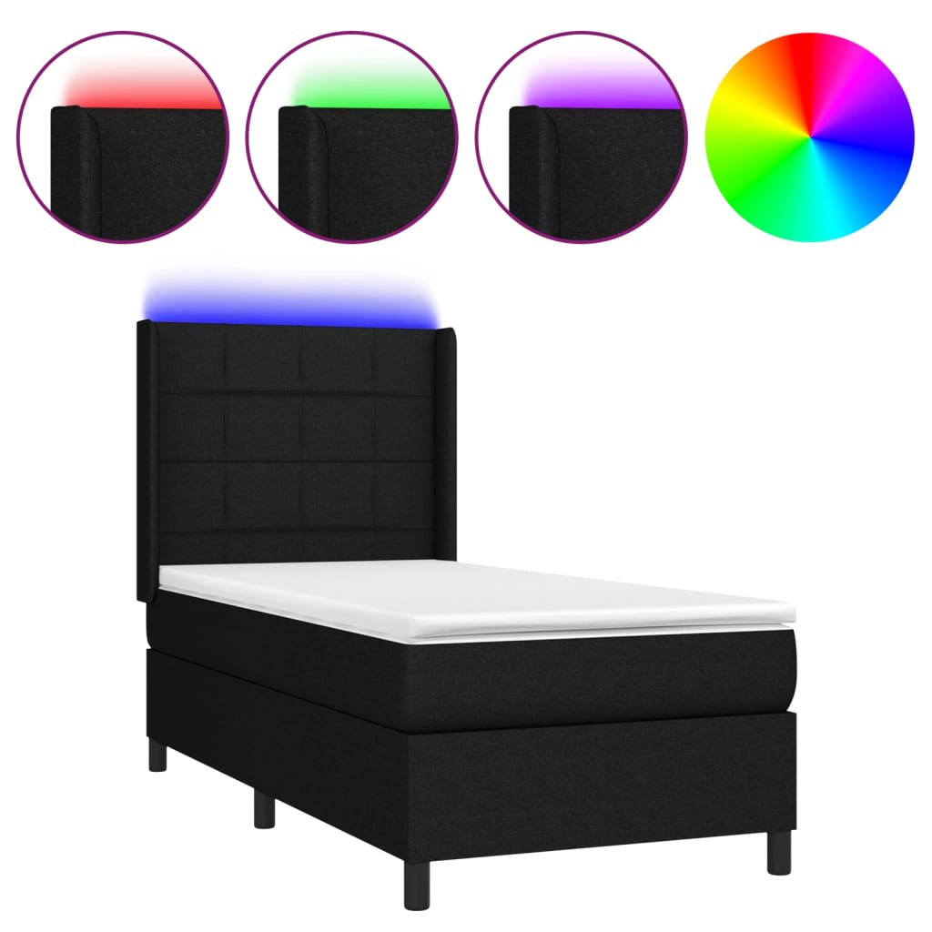 Sommier à lattes de lit matelas et LED Noir 90x200 cm Tissu - XIOS