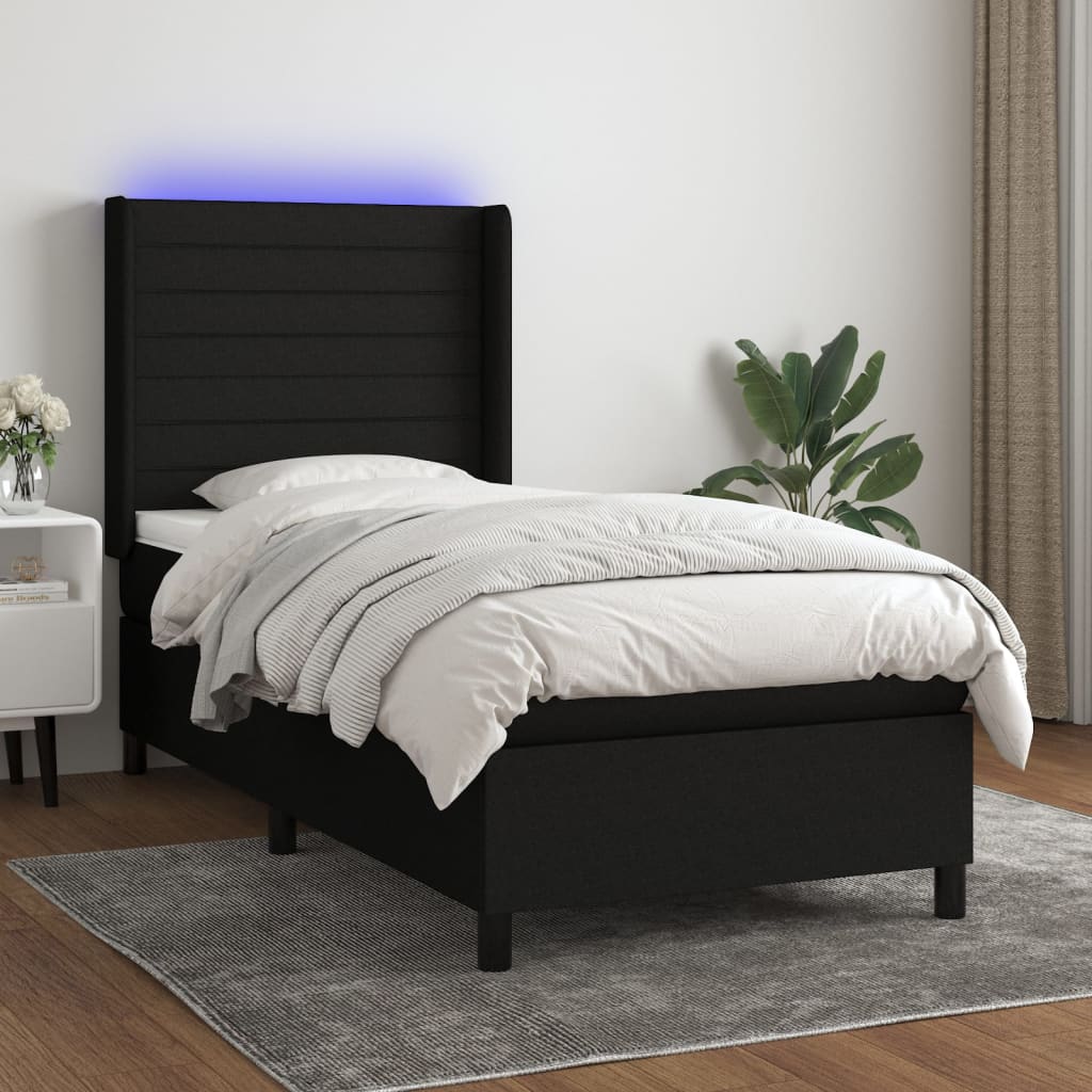 Sommier à lattes de lit matelas et LED Noir 90x200 cm Tissu - XIOS