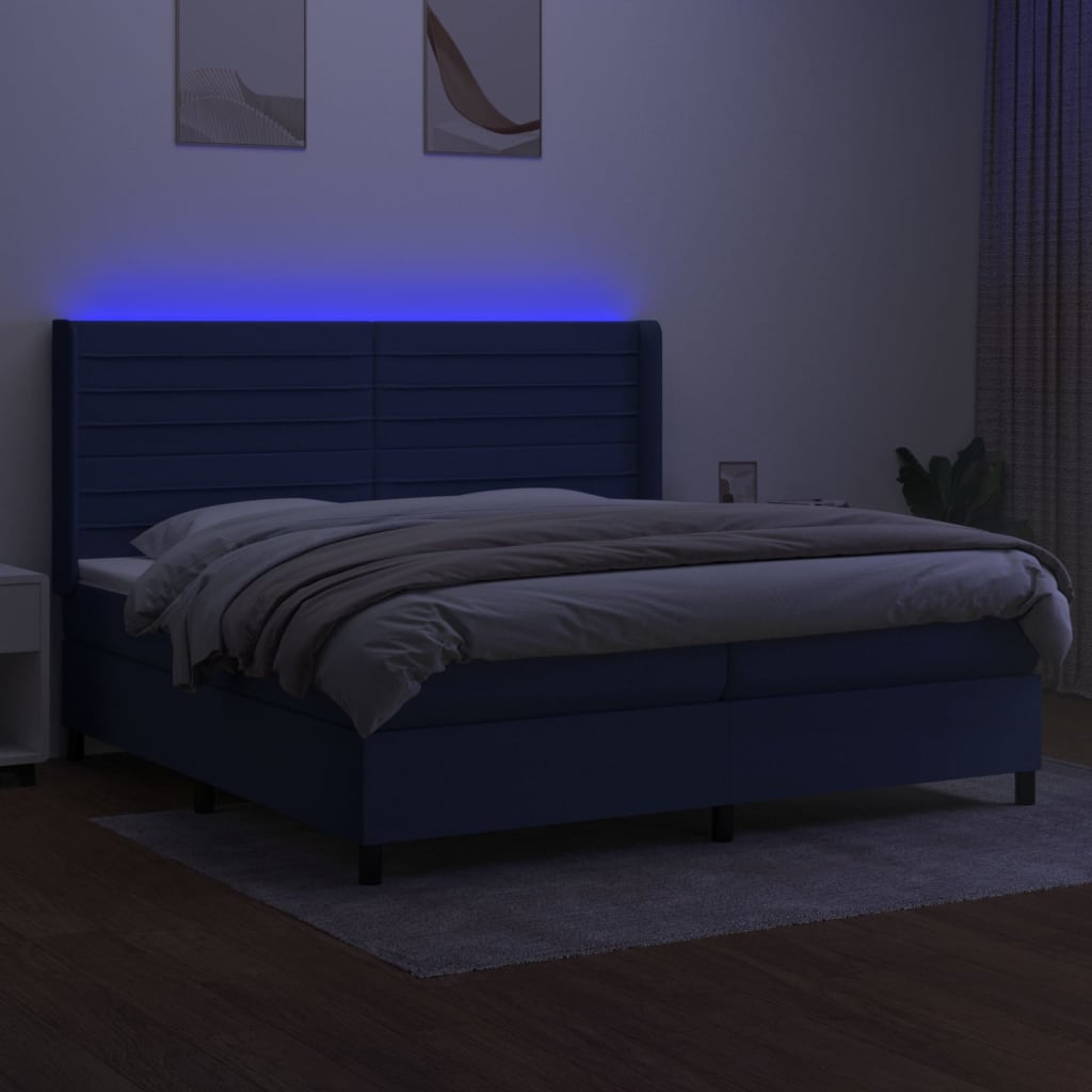 Sommier à lattes de lit matelas et LED Bleu 200x200 cm Tissu