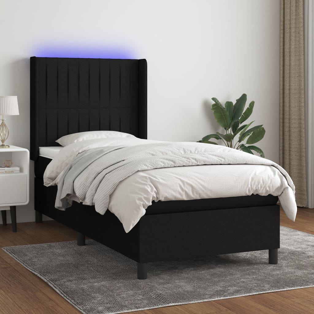 Sommier à lattes de lit matelas et LED Noir 90x190 cm Tissu - XIOS